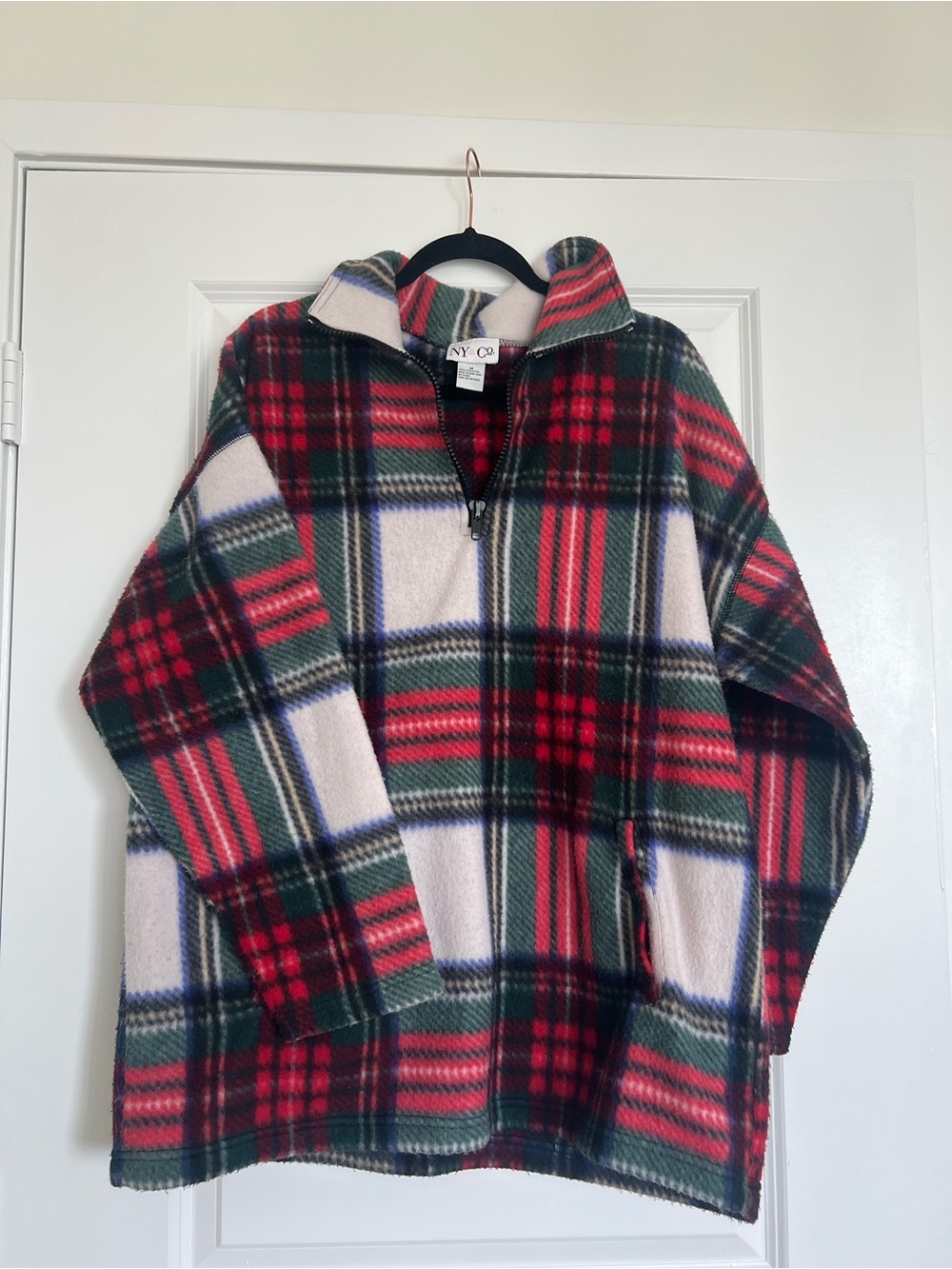 New York & Company Plaid Fleece Pullover | Red Green Quarter Zip Jacket M